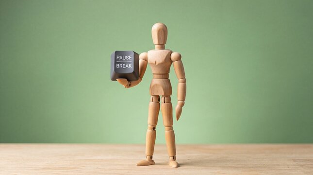 Pause Break Key Held by Wooden Mannequin Figure