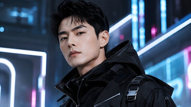 Close-up portrait of cool Asian male model in black cyberpunk tactical jacket against glowing neon street background, sci-fi urban action concept.