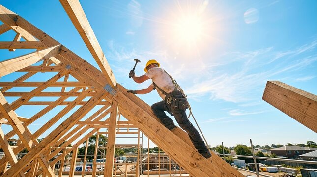 Professional builder performing construction work and home repair on a wooden roof structure at a sunny residential site