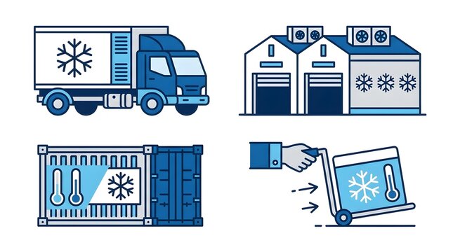 Set ikon vektor bertema cold chain logistics yang mencakup truk pendingin, gudang berpendingin, kontainer refrigerasi, dan penanganan produk bersuhu terkendali. Ideal untuk industri makanan, farmasi, 