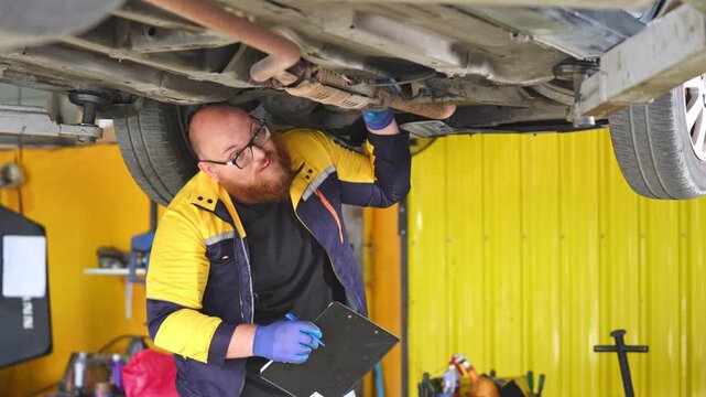 Automotive technician conducting an inspection beneath a vehicle using various tools in a well lit workshop setting
