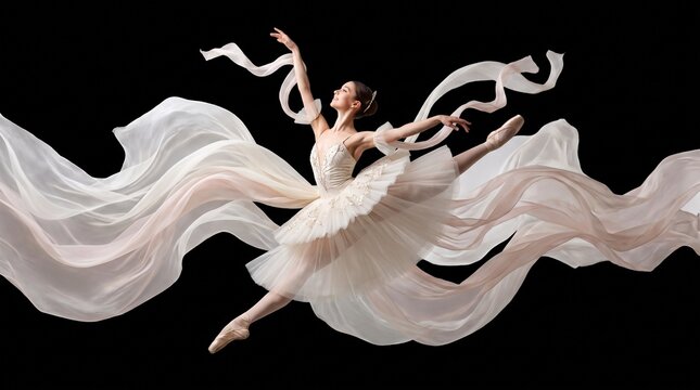 Elegant Ballerina Flying Jump with Silk Veil Isolated on Black Background