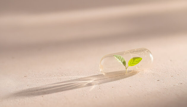 Eco-Friendly Medicine A Transparent Capsule Showcasing Green Technology and a Budding Plant