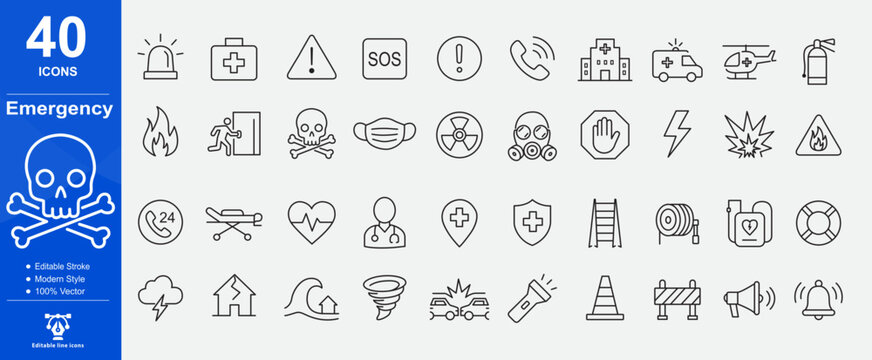 Web icons for emergencies in line style. Evacuation, SOS emergency call, ambulance, help, emergency hotline, exit, collection. Editable stroke. Vector illustration.