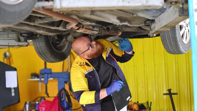Automotive technician examining the undercarriage of a vehicle in a colorful auto repair workshop