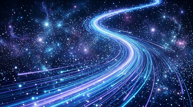 Abstract cosmic data stream with glowing light trails moving through a starry nebula, representing interstellar communication