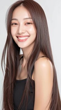 Woman smile long brown hair beauty portrait studio white background young woman soft beauty portrait with long straight hair smiling in studio