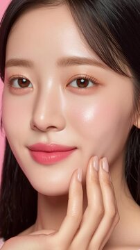 Close female face skin care beauty portrait pink background smooth skin natural makeup young woman calm expression