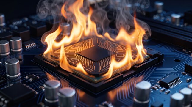 Computer CPU processor burning with fire and smoke on motherboard due to extreme overheating.