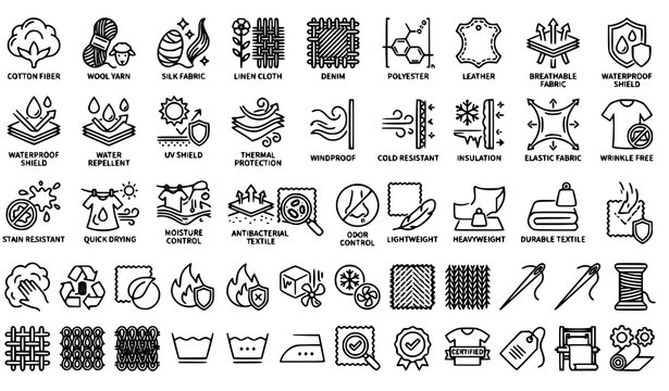 textile, fabric, garment, apparel, clothing, cotton, wool, linen, silk, waterproof, UV protection, breathable, recycled, sustainable, sewing, quality, material, fashion, manufacturing, icon, icons, li