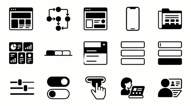 UX design component vector icon set with wireframe prototype dashboard and interface symbols
