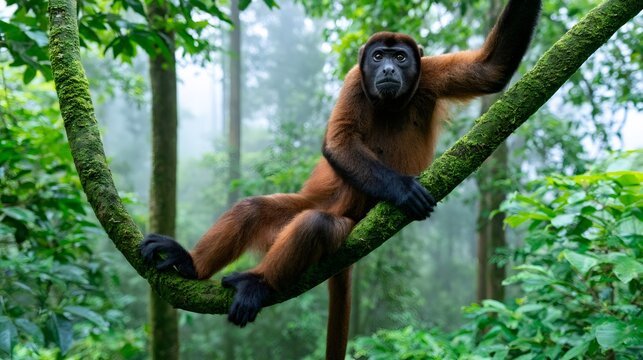 Howler monkey relaxing on mossy branch in rainforest