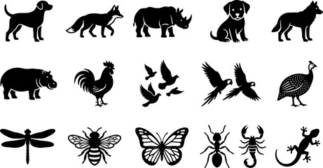 Set of Various Wild and Domestic Animal Silhouettes. © Dhea