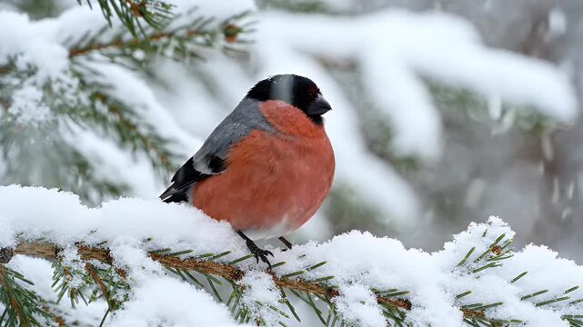 Bullfinch Bird Perched on Snowy Pine Branch in Winter - A striking bullfinch with vibrant red plumage sits on a snow-covered pine branch during winter.