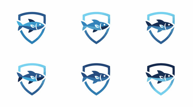 Fish Shield Logo Icons Vector Set - Aquatic Emblem Collection