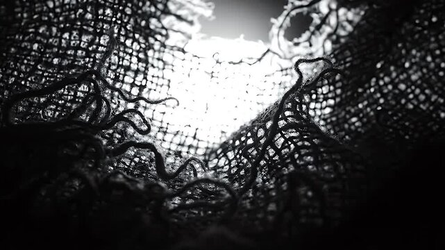Black and White Fabric Texture Abstract - A dramatic black and white close-up captures the intricate texture of frayed fabric, with a bright, glowing light source shining through the torn material.