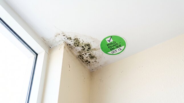Black mold growing on damp ceiling corner with inspection sticker