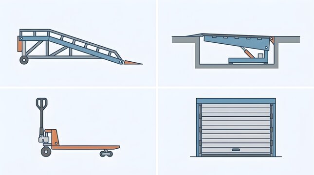 Warehouse loading dock equipment icon collection featuring loading ramp, dock leveler, pallet jack, and rolling shutter door. Perfect for warehouse infrastructure, industrial logistics, freight termin
