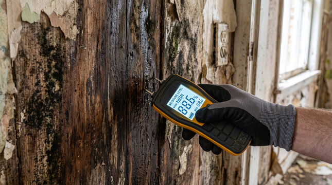 Inspector measuring moisture level on water damaged wood wall