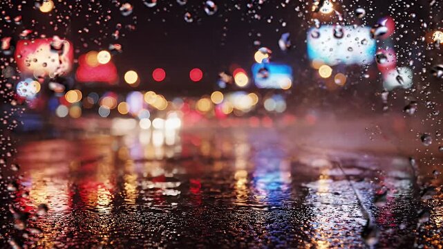 Blurred City Lights Reflecting on Wet Road at Night After Rain - The video captures a blurred nighttime city scene with bokeh lights reflecting on a wet road surface, suggesting a recent rainfall and