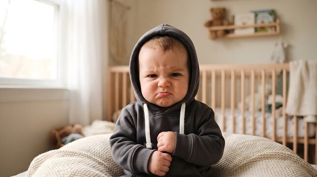 Grumpy baby wearing a dark gray hoodie makes an annoyed facial expression inside a bright nursery