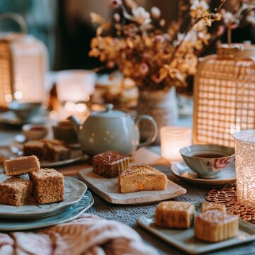 월병과 차가 어우러진 아늑하고 따뜻한 추석 저녁 풍경Cozy and warm Mid-Autumn festival evening with mooncakes
