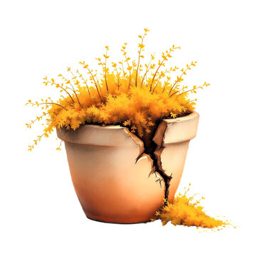 Broken clay pot with yellow flowers ceramic art as isolated element