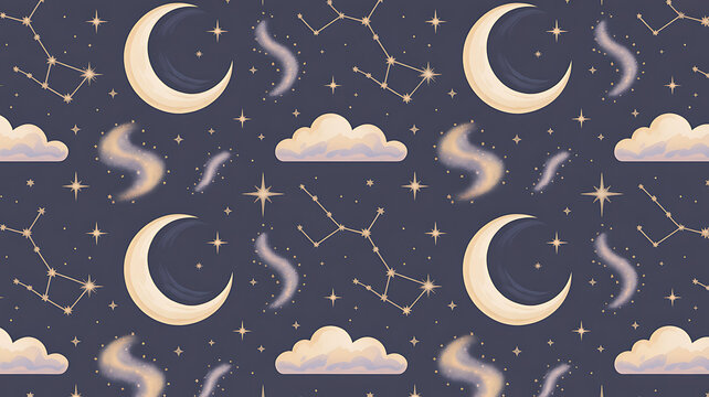 Seamless pixel art pattern with moon stars and clouds in the night sky