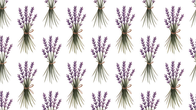 Seamless pattern with hand drawn lavender flowers and herb bundles in a rustic botanical style for textile design and wrapping paper prints