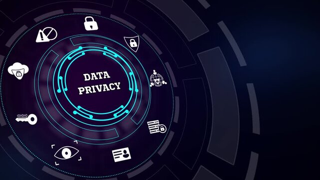 Securing sensitive online user information with a modern data privacy dashboard layout featuring glowing neon HUD circular elements