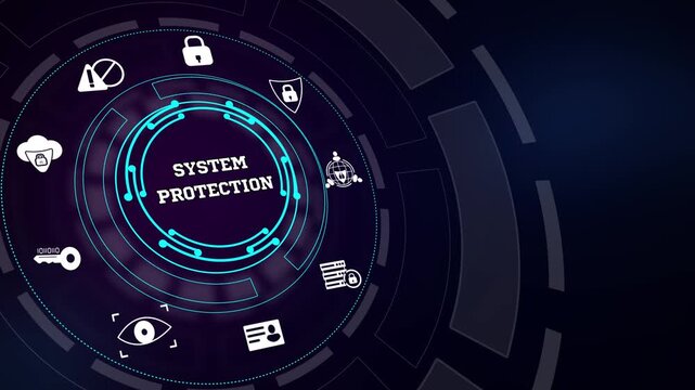 High-tech server network defense and system protection interface template featuring dynamic circular telemetry graphics