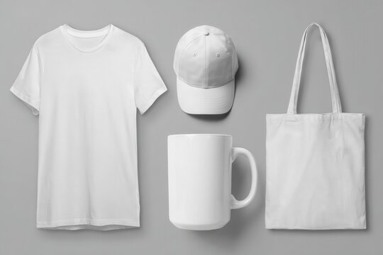 Blank white shirt, mug, hat, and bag isolated on white background. Branding.