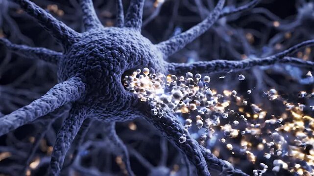 Neuron Cell Firing With Electrical Impulses And Data Processing - A close-up, detailed video of a neuron cell body and its dendrites, showcasing electrical impulses and data processing.