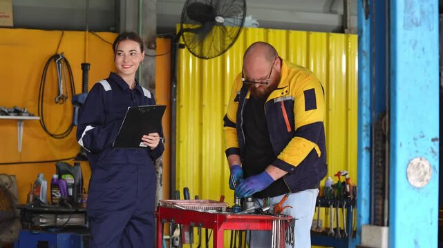 Two skilled mechanics working together in a workshop focused on vehicle maintenance and repair tasks