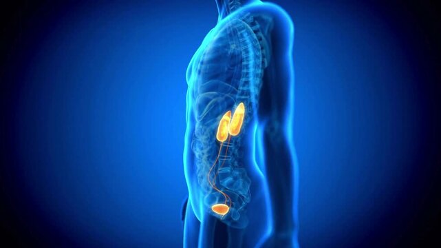 3D illustration of human kidneys with ureters and bladder in a medical anatomy scan