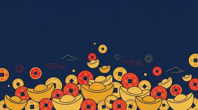 Chinese Lunar New Year Background with Gold Ingots and Lucky Coins
