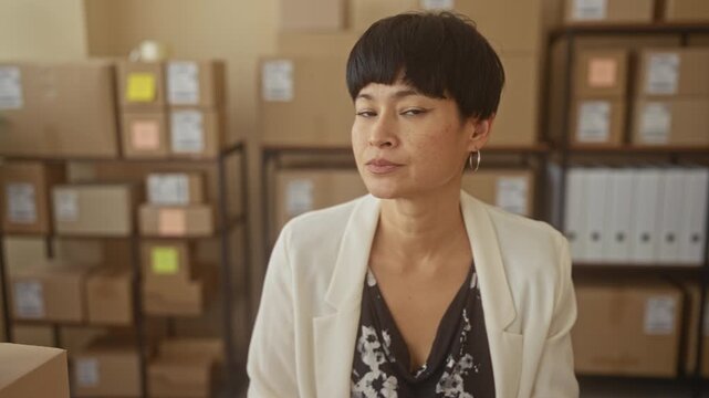 Woman smiles and looks at camera amid stacked shipping boxes and shelves in building; entrepreneurship confidence.