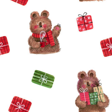 Seamless Christmas pattern featuring cute fluffy brown bears holding festive gift boxes. Hand-painted watercolor style with cozy woodland charm, perfect for fabric, wrapping paper, stationery, nursery