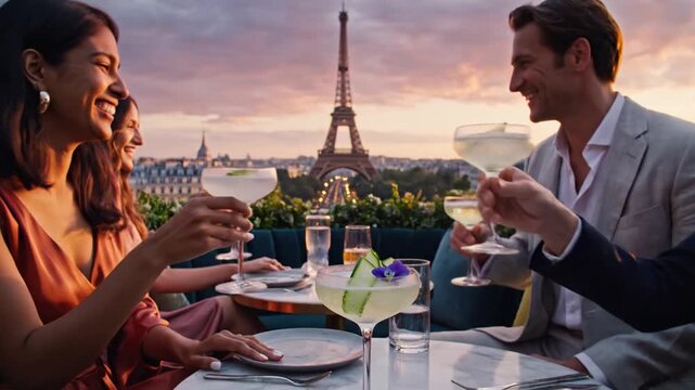 Couple enjoying refreshing cocktails on Paris rooftop bar at sunset