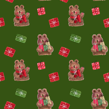 Seamless Christmas pattern featuring cute fluffy brown bears with cozy scarves, festive gift boxes, and holiday decorations on a rich evergreen background. Hand-painted watercolor style
