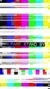 Please stand by color bars with high brightness noise glitch no signal screen. Bright display of test patterns with high-frequency noise and horizontal line displacement effects.