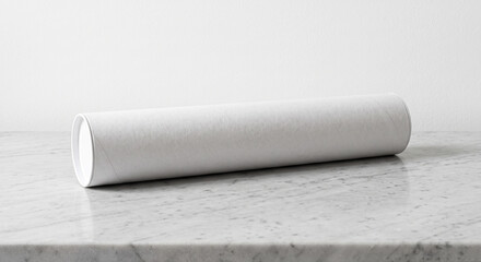 Obraz premium White cardboard tube with a cap lying horizontally on a marble surface against a plain white wall with copy space