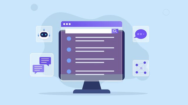 Flat vector animated desktop monitor displaying an AI communication dashboard with chatbot, messaging, automation, and intelligent workflow interface. Ideal for business, productivity, and technology 
