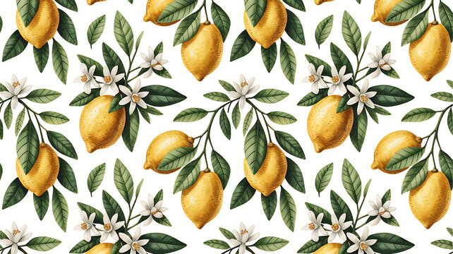 Seamless pattern with fresh yellow lemons green leaves and white citrus flowers for summer fabric design and food packaging prints