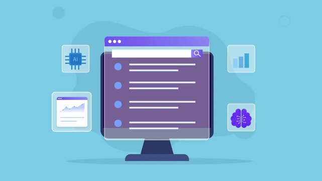 Flat vector animated desktop monitor displaying an AI analytics dashboard with processor, performance chart, neural intelligence, and workflow interface. Ideal for business, productivity, and technolo