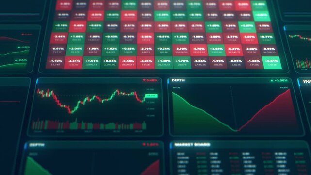 Trading terminal interface with a cryptocurrency candlestick charts, market board quotes and heatmap panels. Close up of a crypto and stock exchange dashboard with green and red price data