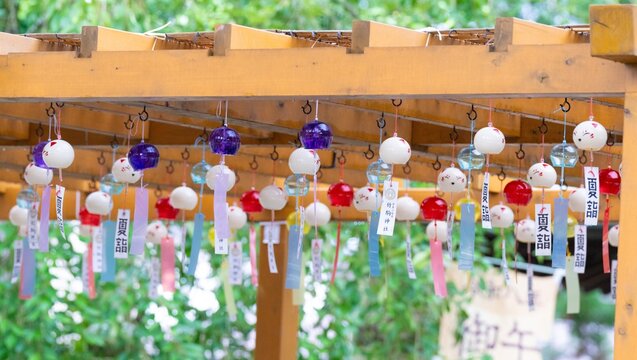 Fox-shaped and colorful glass wind chimes hanging at Takekoma Shrine for Natsumode