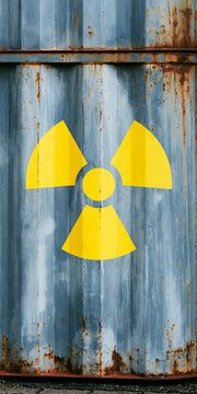 Radioactive symbol on a weathered industrial container. The yellow symbol stands out against the blue, rusty surface, indicating potential danger or hazardous material