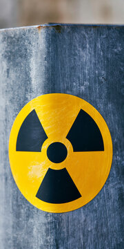 A close-up of a radioactive hazard symbol on a metal surface