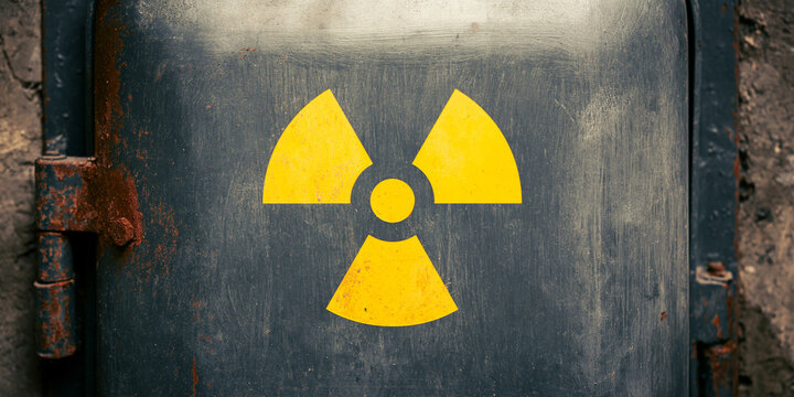 A radiation hazard symbol is displayed on a weathered, dark metal door. The yellow symbol stands out against the rust and grime, conveying a warning of danger